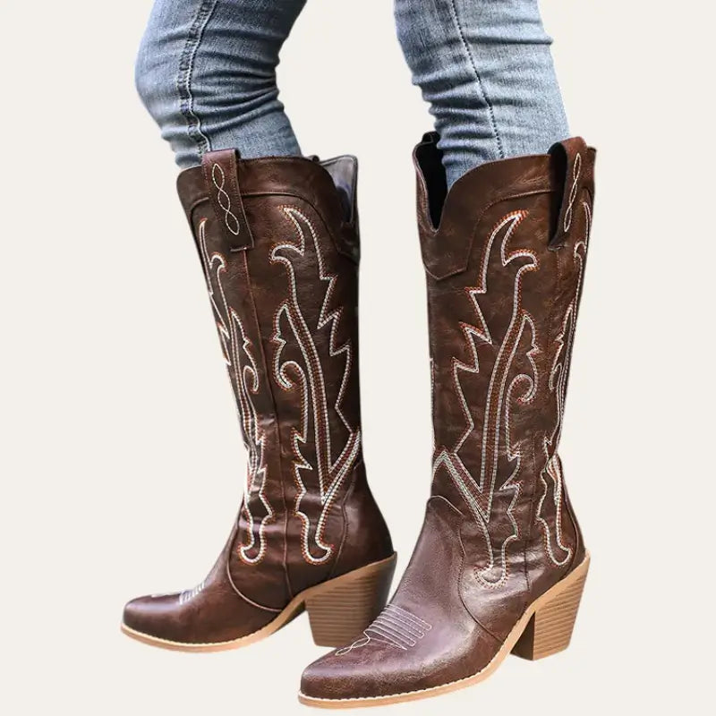Damen Stiefel Cowboy Boots Imitationsleder Westernstil Braun 1