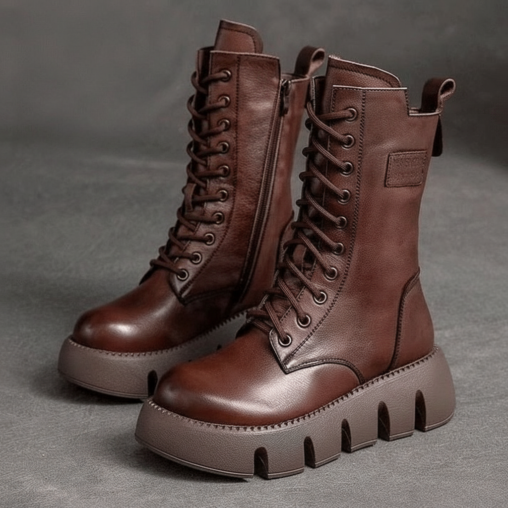 Damen Stiefel Mittelhoch mit Schnürung und Klobiger Sohle 4