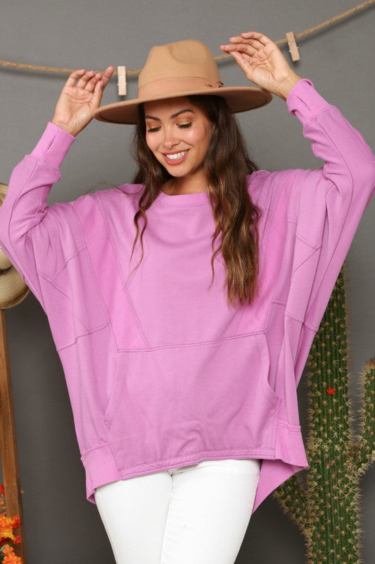 Damen Sweatshirt Kontrast Rundhals French Terry Langarm 1