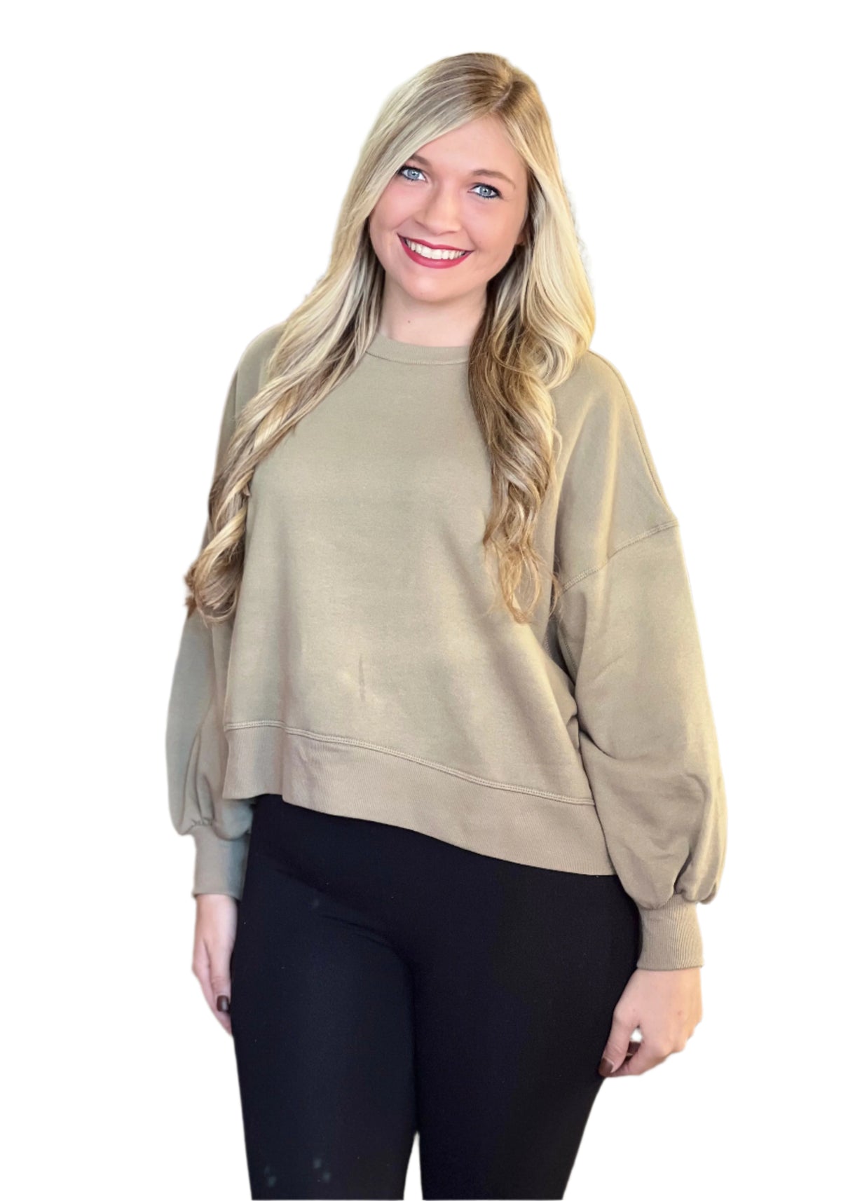 Damen Sweatshirt mit Ballonärmeln und Drop Shoulder in Khaki 0
