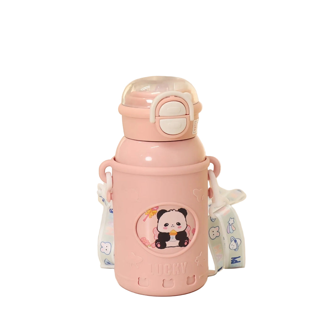 Damen Trinkflasche mit Tragegurt und Panda-Design für Sport und Freizeit 0
