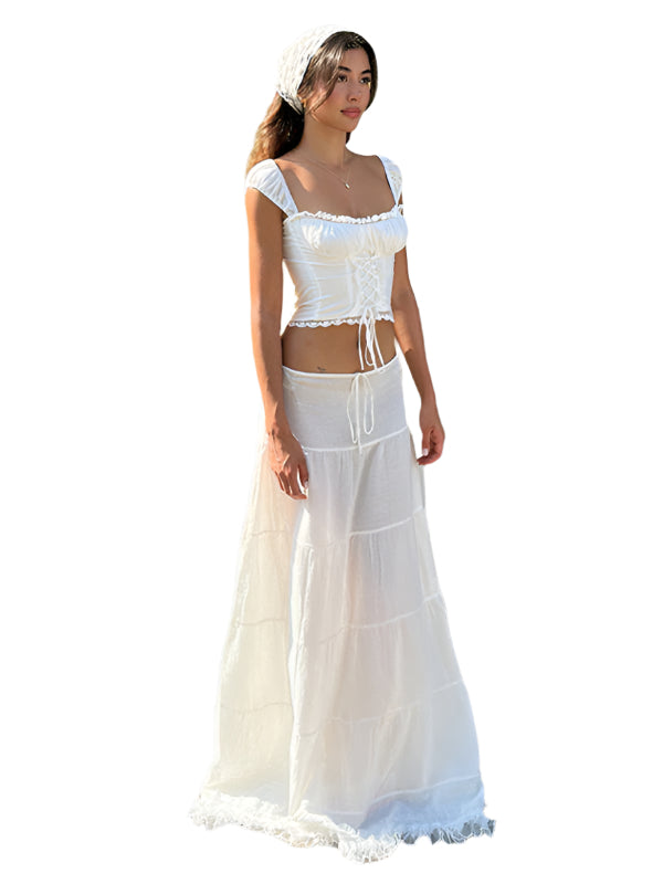 Damen Urlaub Anzug mit Französischem Quadrat-Ausschnitt und Spitzenrock 0