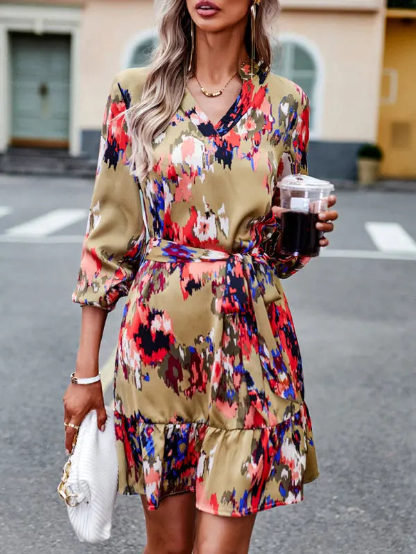 Damen V-Ausschnitt Druckkleid mit Gürtel 1