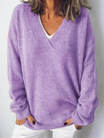 Damen V-Ausschnitt Pullover mit Fallenden Schultern 9
