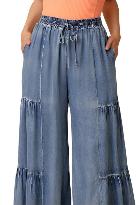 Damen Weite Hose Rüschen Gewaschenen Denim Lässig 0