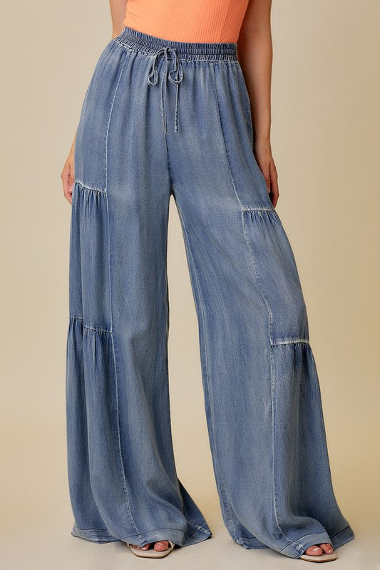 Damen Weite Hose Rüschen Gewaschenen Denim Lässig 1