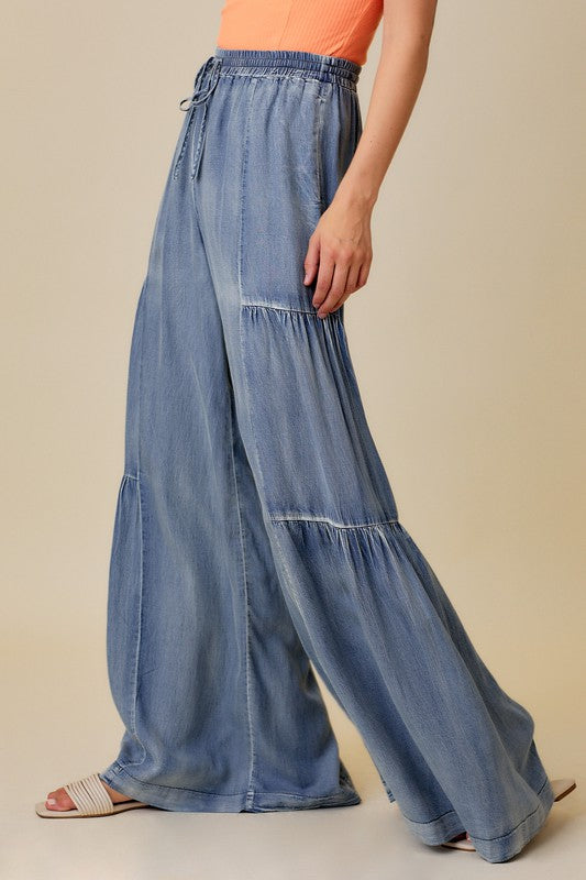 Damen Weite Hose Rüschen Gewaschenen Denim Lässig 2