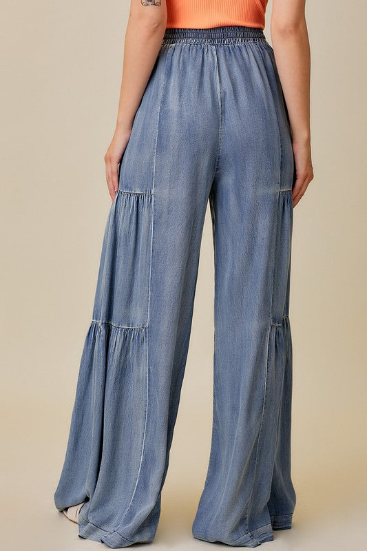 Damen Weite Hose Rüschen Gewaschenen Denim Lässig 3