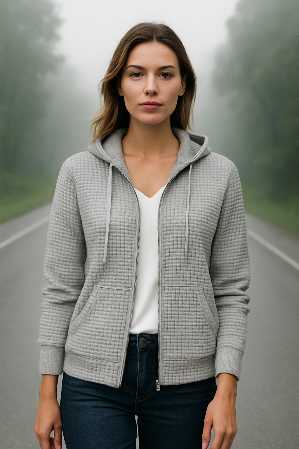 Damen Weste Hoodie Mit Reißverschluss Wafelstruktur Gemischte Stoffe 1