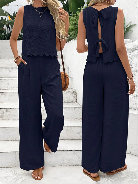 Damen Zweiteiler Set Leinen Ärmelloses Oberteil und Hose Sommer Outfit 5