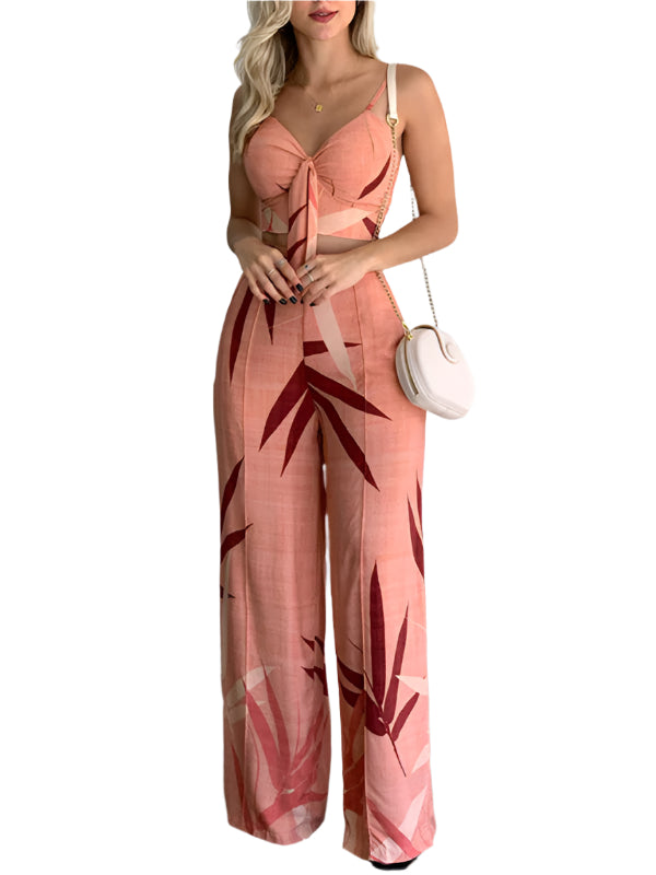 Damen Zweiteiler V-Ausschnitt Hohe Taille Bedruckte Weite Hose für Sommer 0