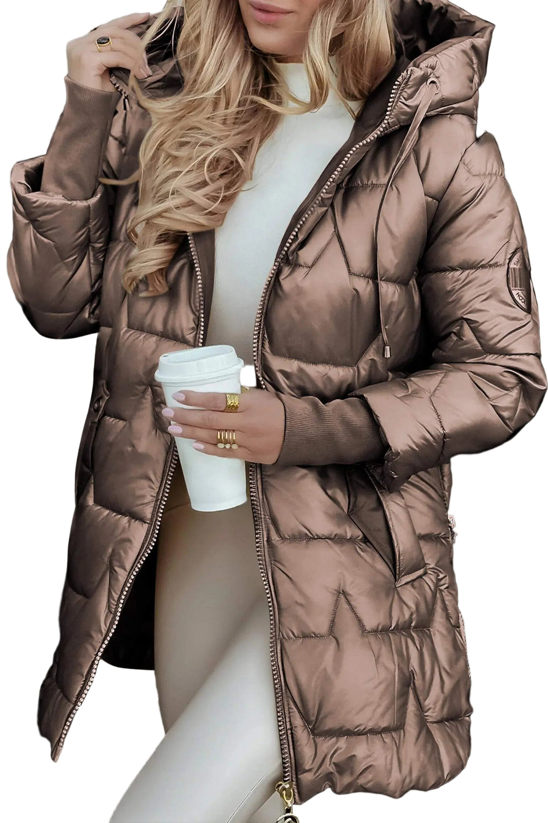 Damenjacke Lange Daunenjacke Mit Kapuze im Trendigen Metallic-Look 0