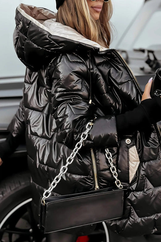 Damenjacke Lange Daunenjacke Mit Kapuze im Trendigen Metallic-Look 5