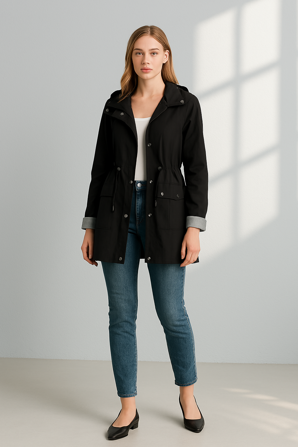 Damenjacke Wasserdicht Mit Kapuze Verstellbare Taille und Druckknöpfen 1