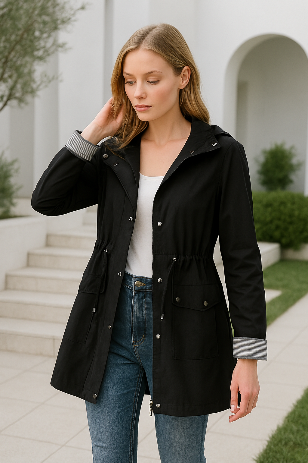 Damenjacke Wasserdicht Mit Kapuze Verstellbare Taille und Druckknöpfen 2