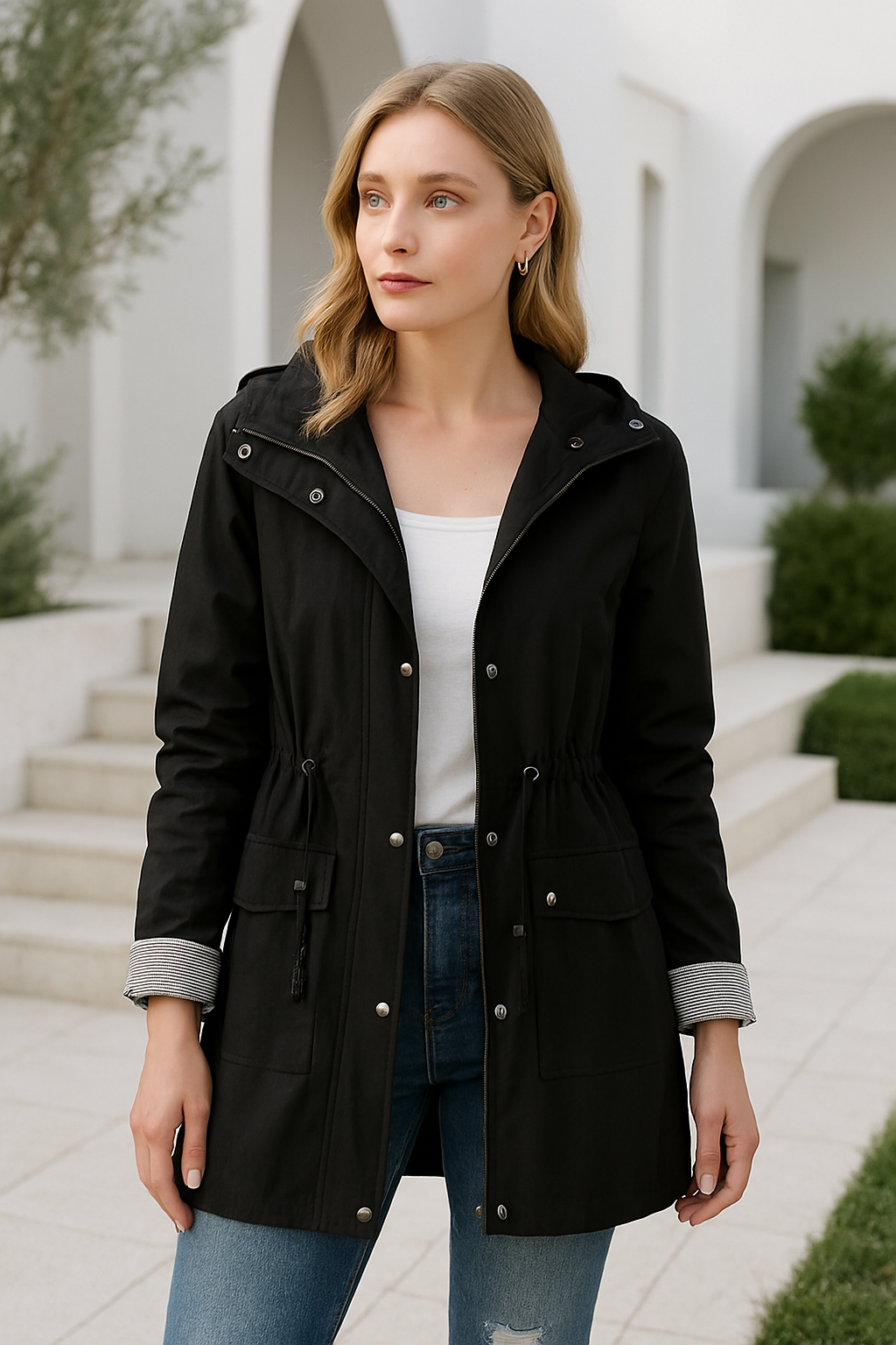 Damenjacke Wasserdicht Mit Kapuze Verstellbare Taille und Druckknöpfen 3