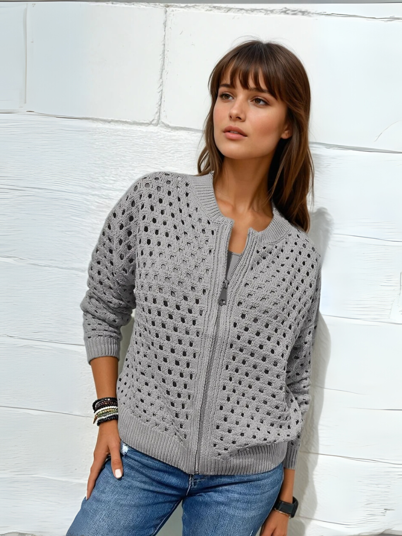 Damenjacke mit Reißverschluss und perforiertem Design 1