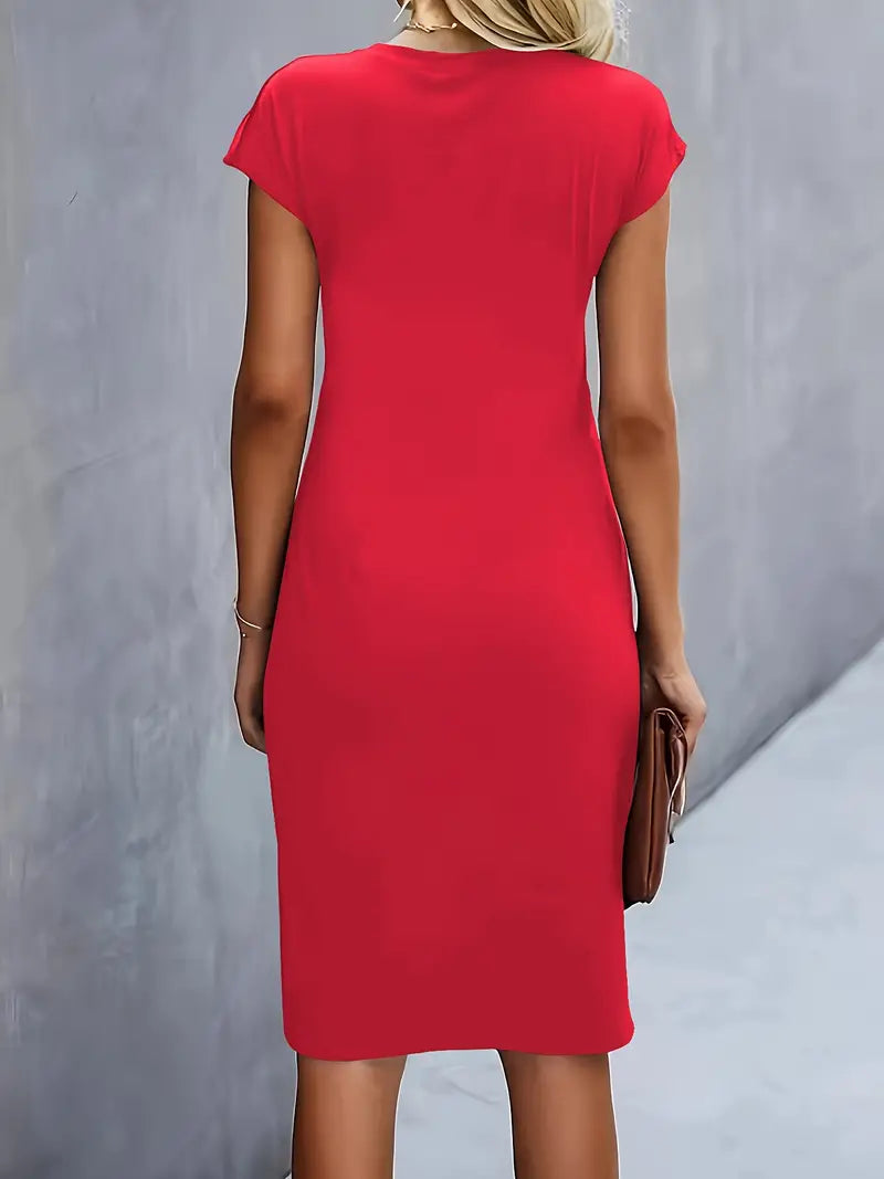 Damen Midi Kleid Elegantes Rundhalsausschnitt Hochwertiger Stoff-5