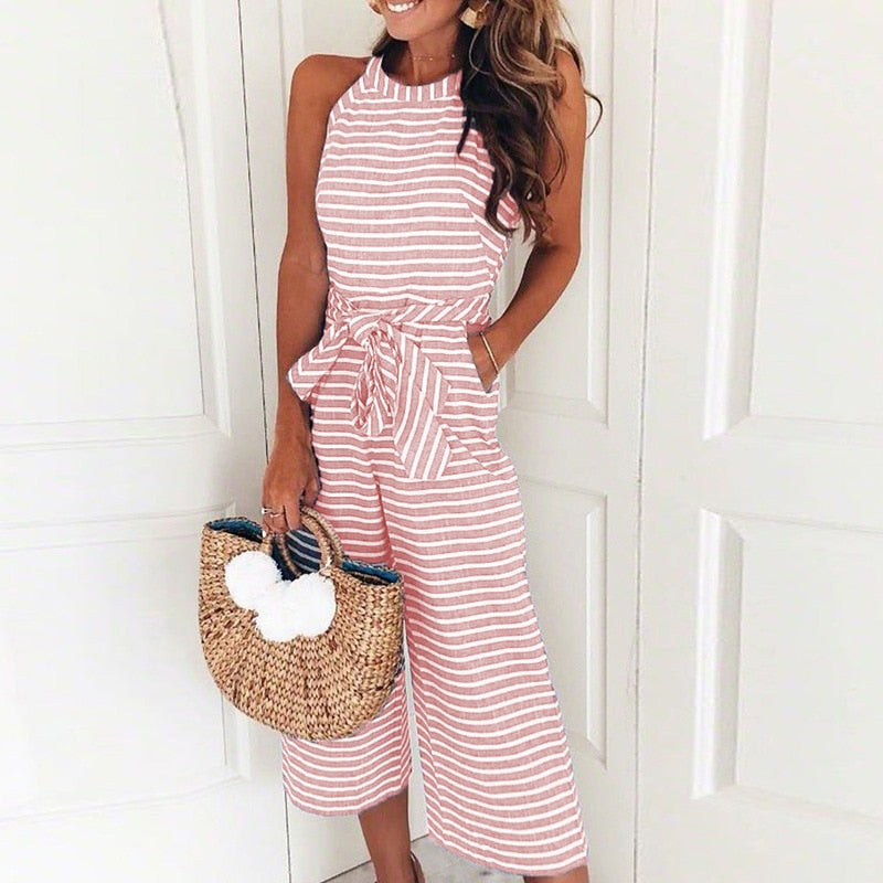 Frauen Gestreifter Schnürer Jumpsuit