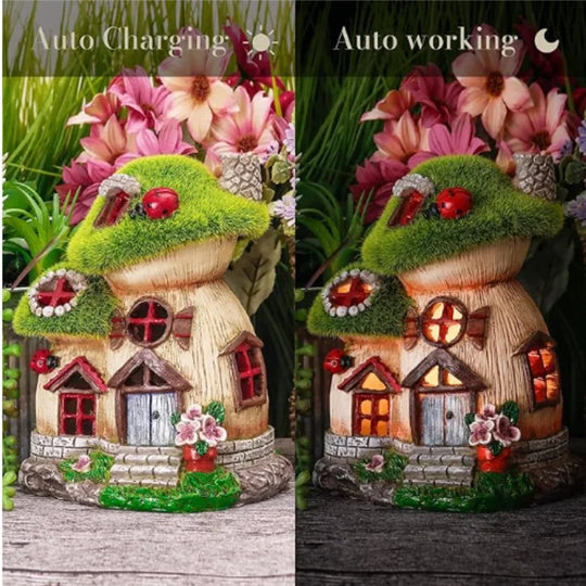 Garten Skulptur Pilzhaus mit Solarbeleuchtung – Fantasievolle Dekofigur für den Garten 3