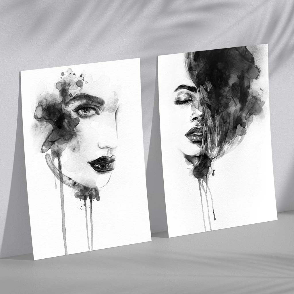 Gerahmtes Set aus 2 Modeillustrationen Schwarz-Weiß für Stilbewusste Räume 2