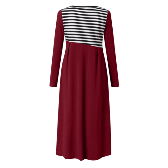 Gestreiftes Langärmeliges Patchwork-Kleid Für Damen