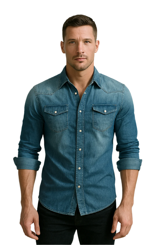 Herren Denim Hemd Retro Stil mit Knopf-Taschen 0