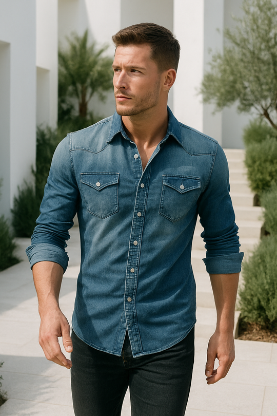 Herren Denim Hemd Retro Stil mit Knopf-Taschen 1