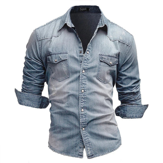 Herren Denim Hemd Retro Stil mit Knopf-Taschen 7