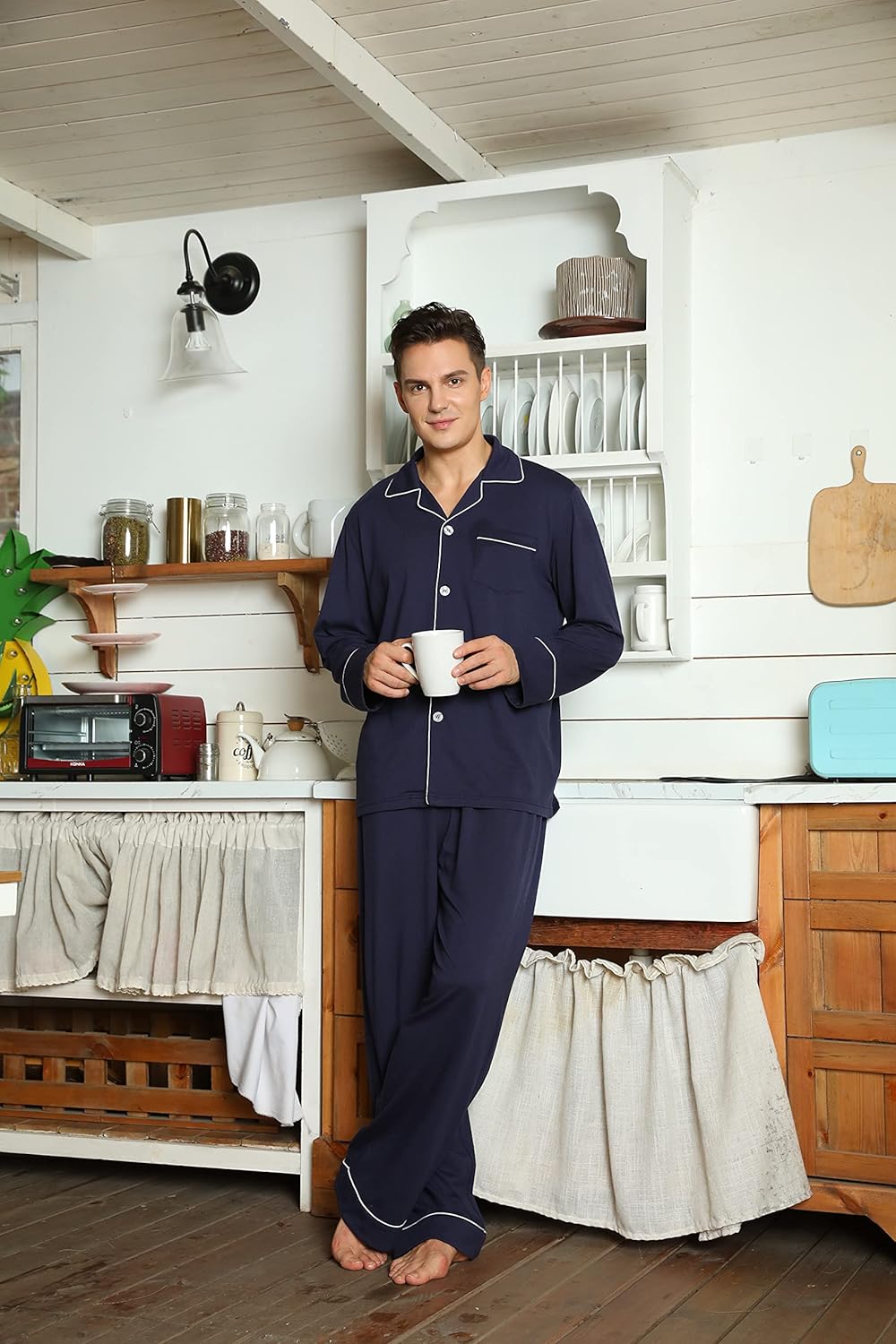 Herren Pyjama Set Klassisch Mit Knopfleiste Und Langen Ärmeln 2
