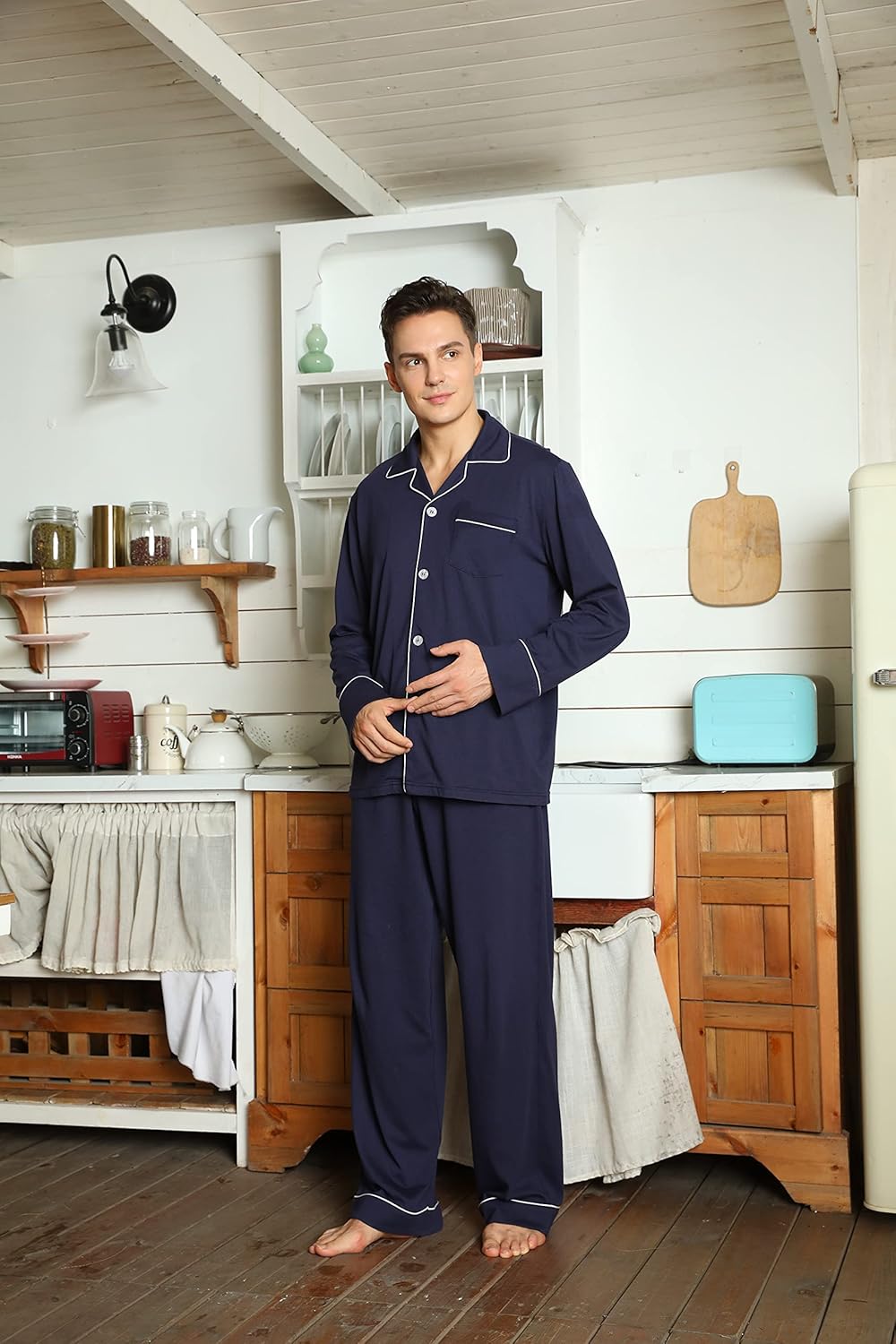 Herren Pyjama Set Klassisch Mit Knopfleiste Und Langen Ärmeln 3