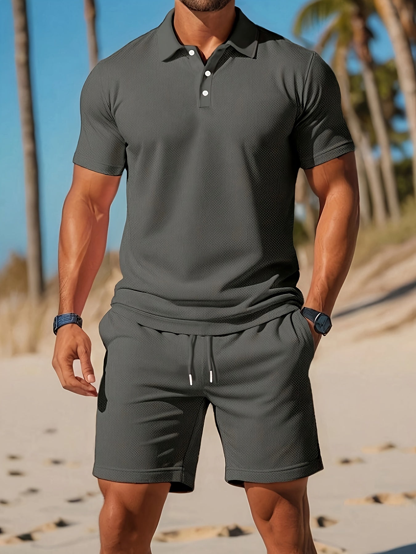 Herren Sommer Set Polo und Shorts mit Ton-sur-Ton Struktur 5