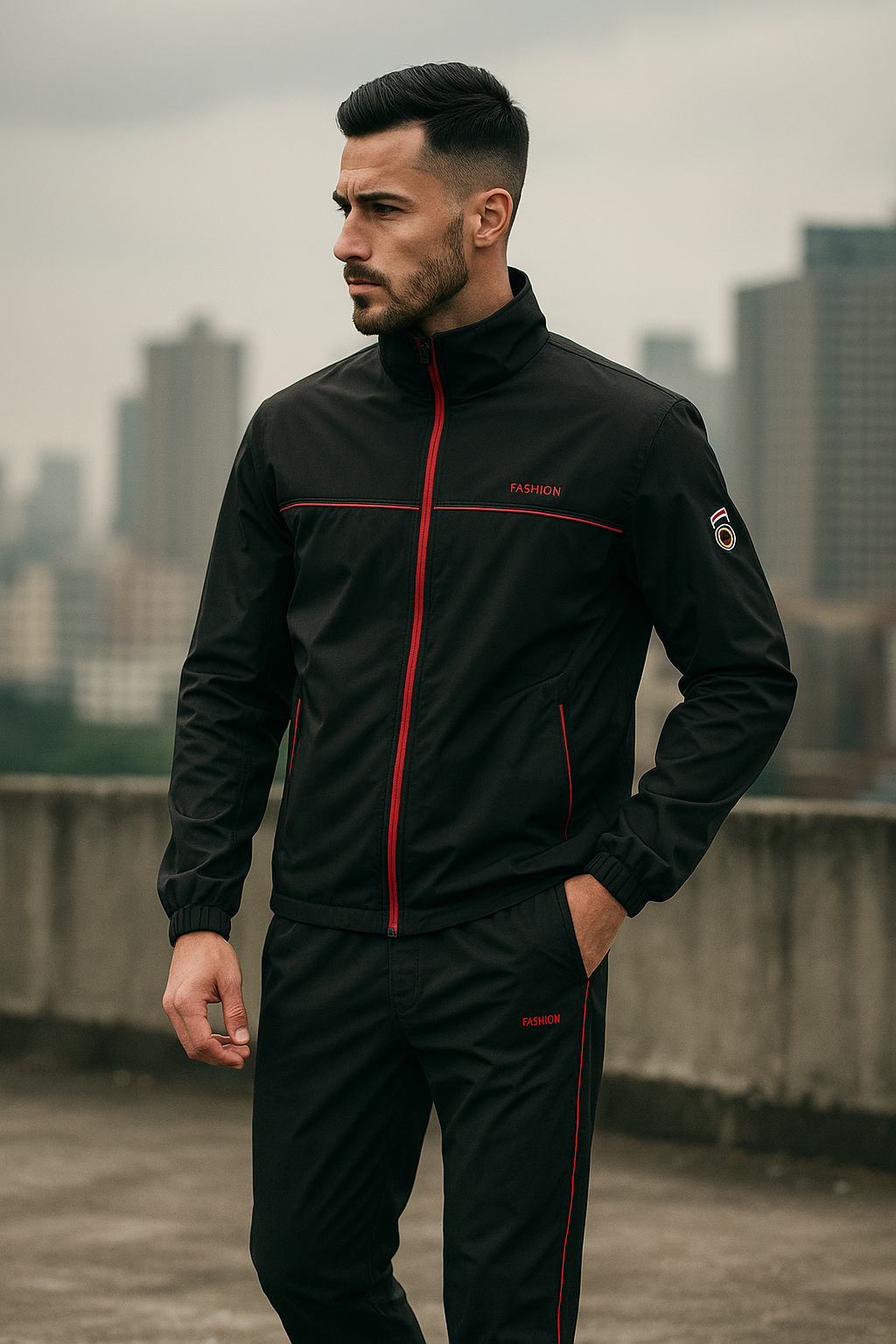 Herren Trainingsanzug Sportlich Modern mit Elastischen Bündchen, Leichtem Material und Roten Akzenten 1