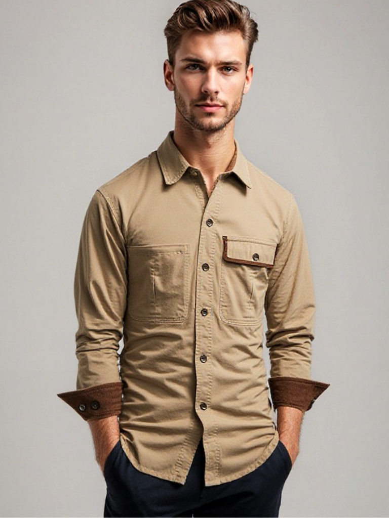 Herrenhemd Langarm Baumwollmix mit Kontrastierenden Manschetten 1