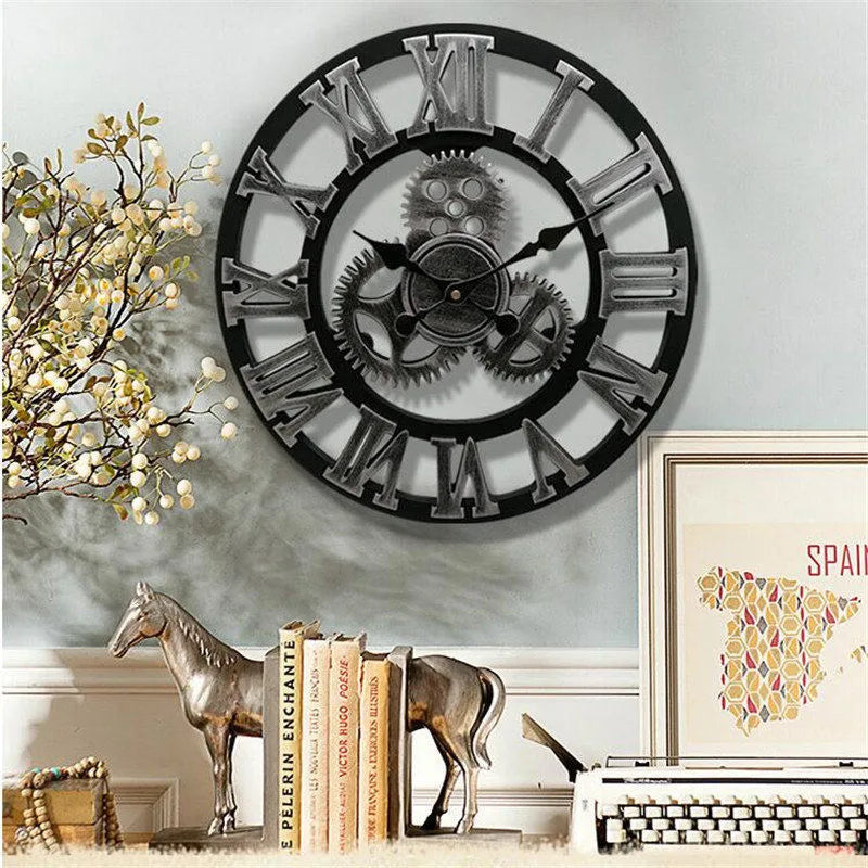 Industrielle Vintage-Wanduhr Holz und Metall für Wohnzimmer 1