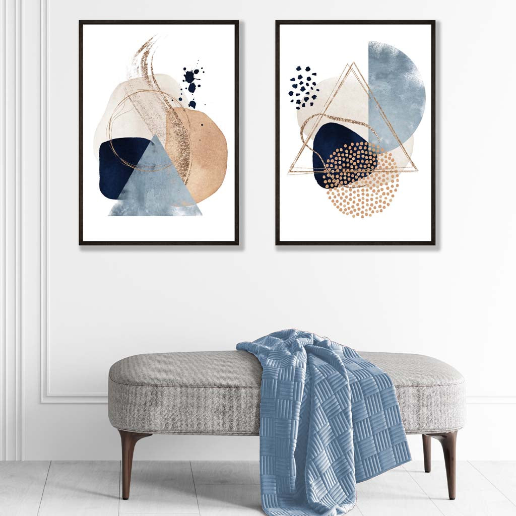 Kunstdrucke Set mit Aquarellformen in Blau und Beige 1