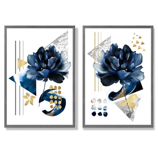 Kunstdrucke Set mit Blumenmotiv in Blau und Gold – Kunstdrucke auf Leinwand mit Rahmen 4