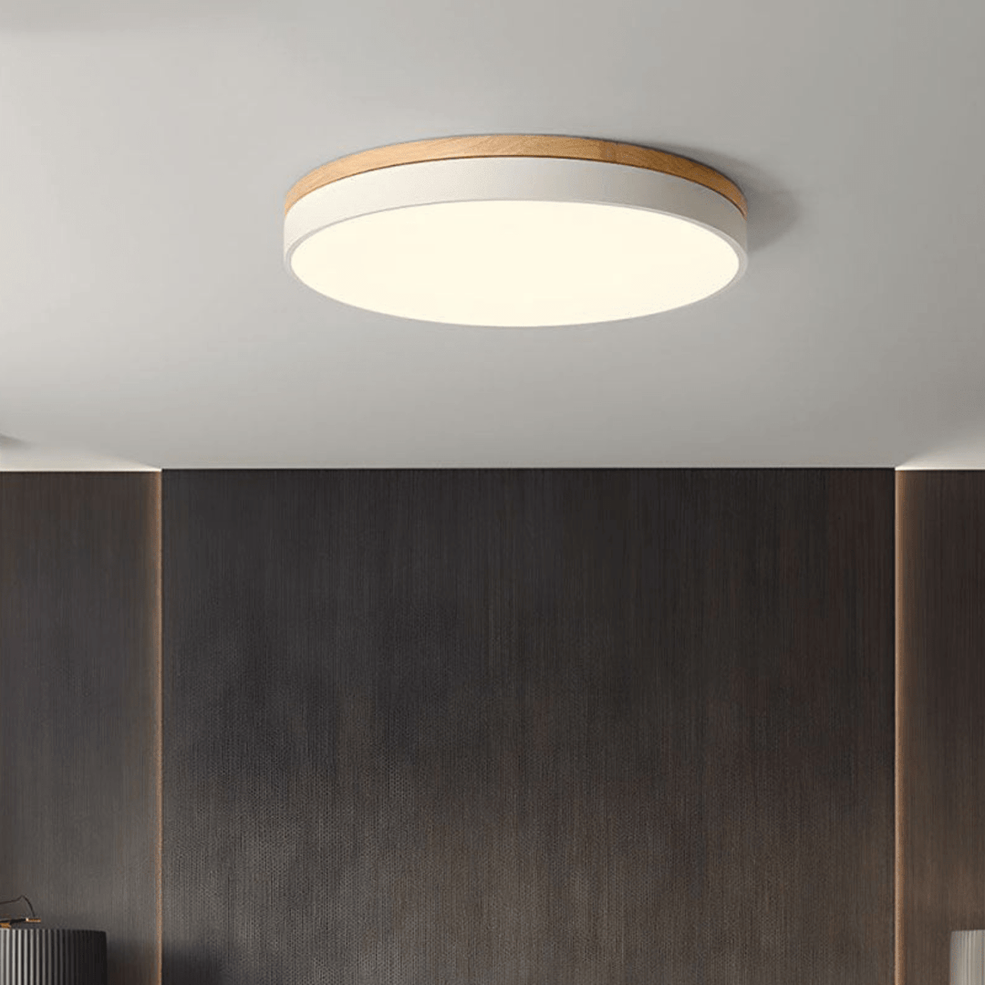 LED-Deckenleuchte mit natürlicher Holzmaserung und grünem Akzent 1