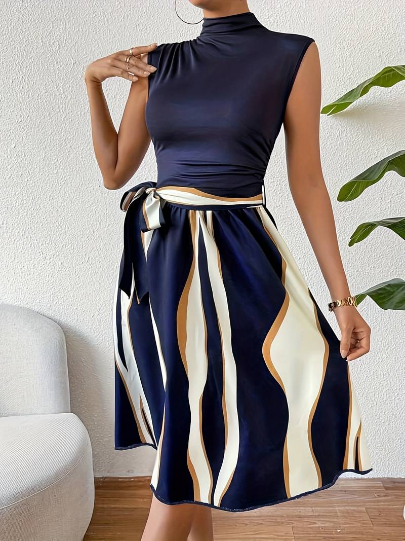 Variant image for Damen Patchwork Kleid Mit Gürtel Streifendruck Baumwollmischung-1