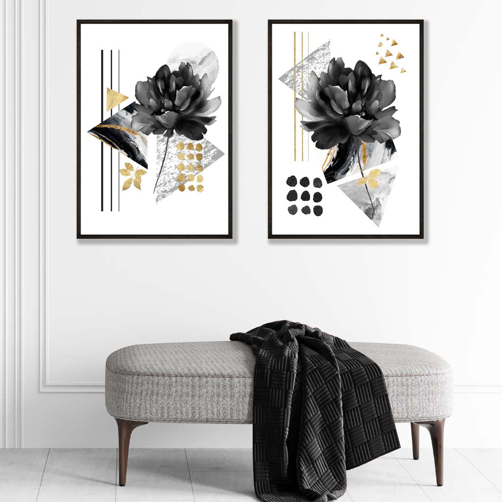 Moderne Kunstdrucke Set mit Blumenmotiven in Schwarz und Gold - Poster Kunstdrucke auf Leinwand kaufen 1