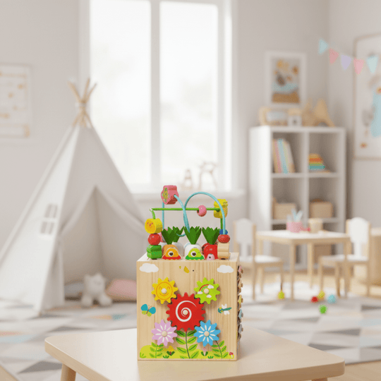 Motorikwürfel Holz für Babys – Multifunktionales Spielzeug zur Förderung der motorischen Fähigkeiten 0