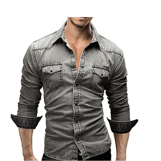 Herren Denim Hemd Retro Stil mit Knopf-Taschen