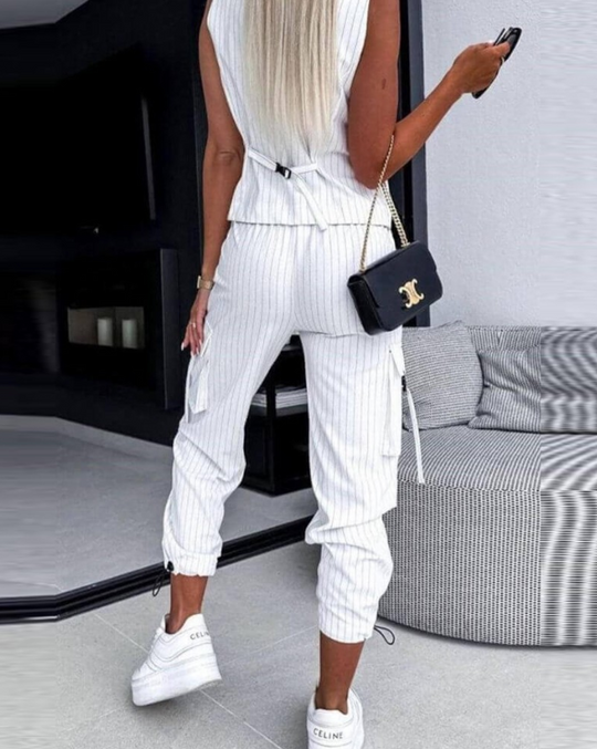 Damen Anzug Set Gestreift Gilet Weste und Hose Aus Leichtem Atmungsaktiven Stoff-3