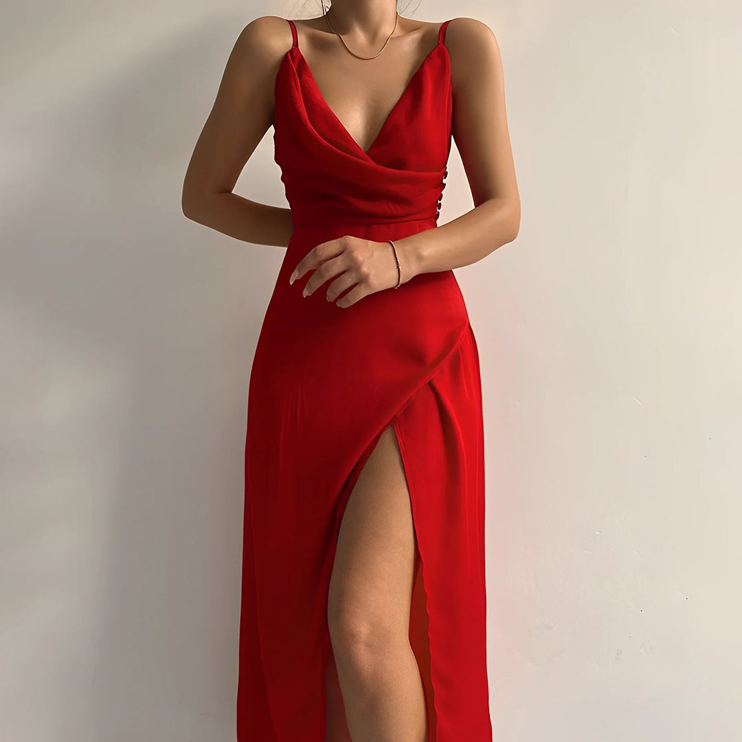 Damen Midi Kleid Drapiert Spaghetti-Träger Hochwertiger Stoff für Abendveranstaltungen 3