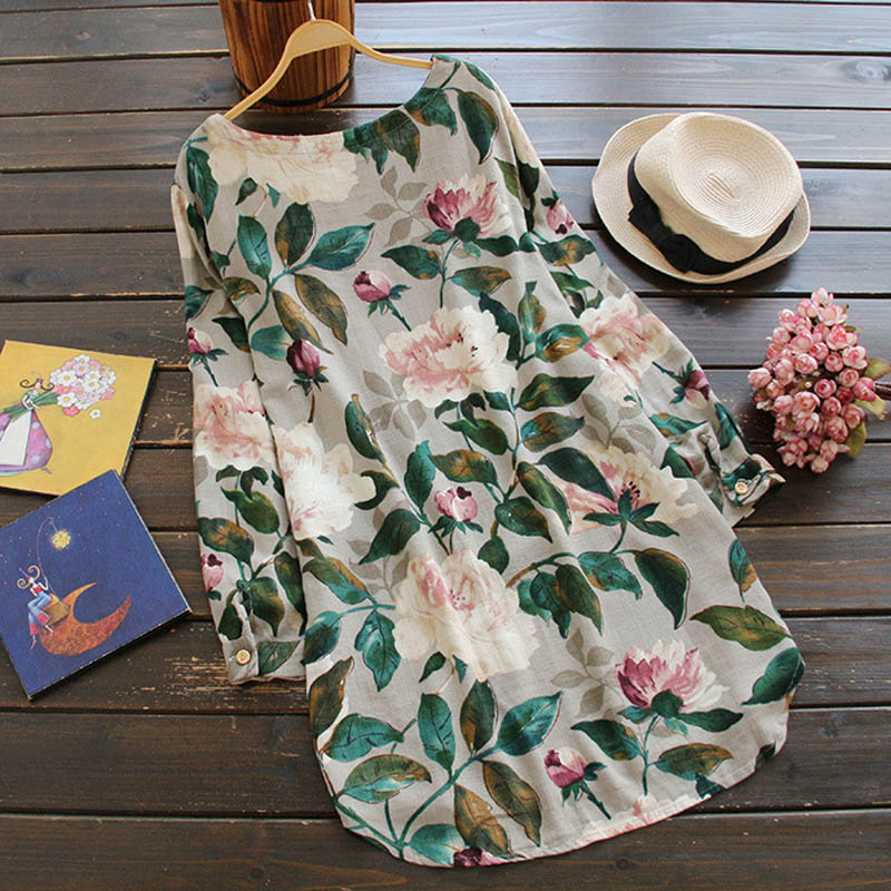 Retro Floral Langärmeliges Kleid