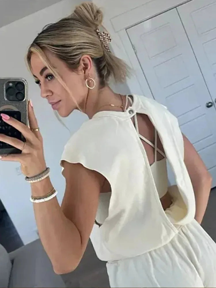 Damen Jumpsuit Lässig mit Kordelzug und Offenem Rücken aus Polyester-3