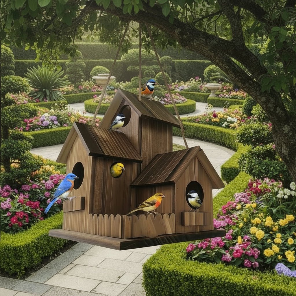 Rustikales Vogelhaus für Garten mit mehreren Nistkammern 0