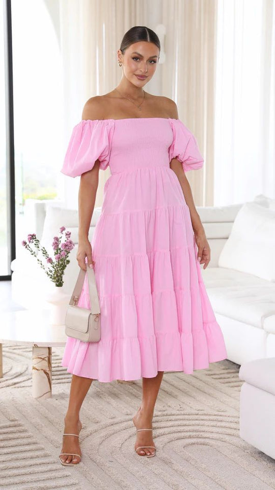 Damen Midi Kleid Off-Shoulder Elegantes Sommerkleid Aus Atmungsaktivem Stoff-1