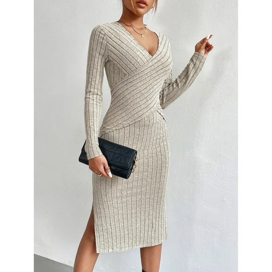 Damen Midi Kleid Gerippt Elegante Passform Baumwollmix mit Seitenschlitz 4