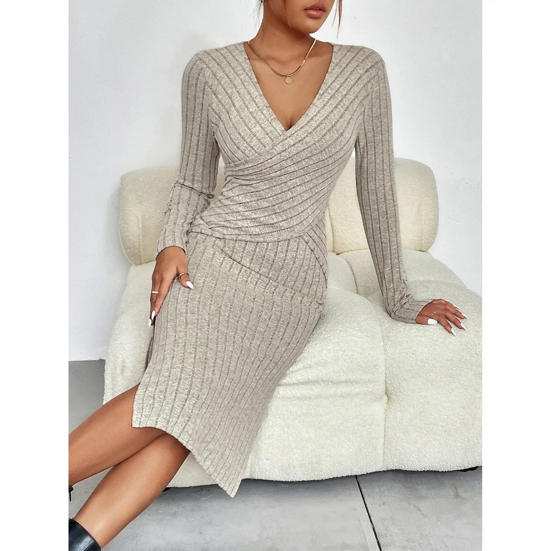 Damen Midi Kleid Gerippt Elegante Passform Baumwollmix mit Seitenschlitz 5